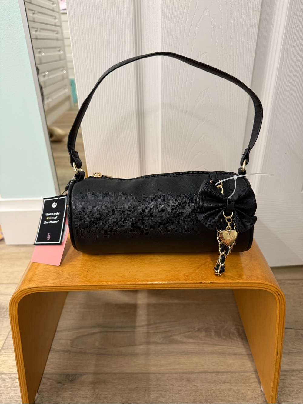 Black Shoulder Barrel Bag with Bow Charm